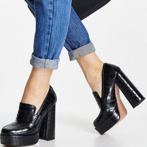 ASOS DESIGN Black Croc Platform Heeled Loafers — Size 10, 5" Heel, Like New